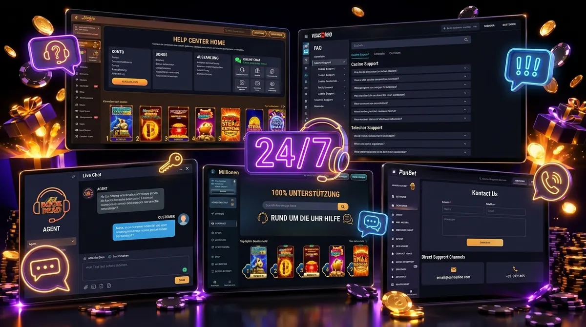 24/7 casino support illustration with live chat, help centre, FAQ and contact screens